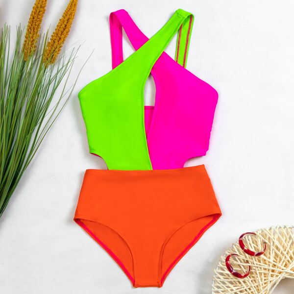 

Color Block Cross Front One Piece Swimsuit, Multicolor