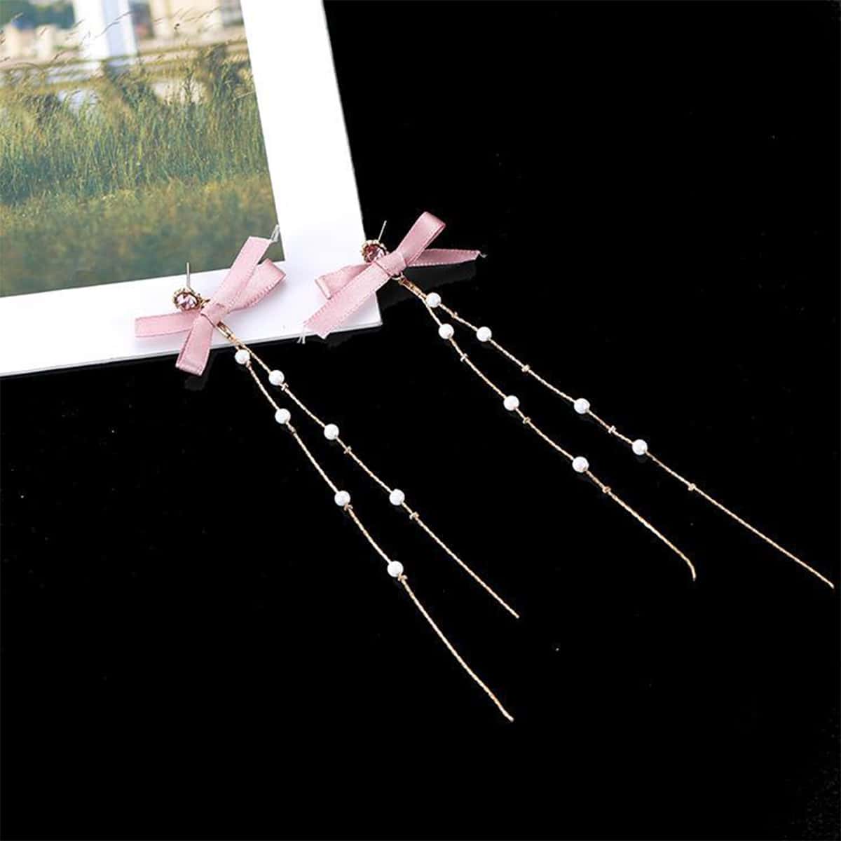 

Bow Decor Chain Drop Earrings, Pink