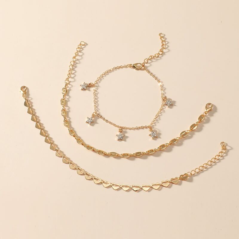 

3pcs Rhinestone Star Chain Bracelet, Gold