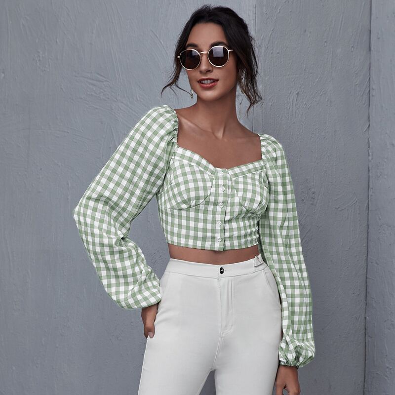 

Lantern Sleeve Gingham Crop Top, Multicolor