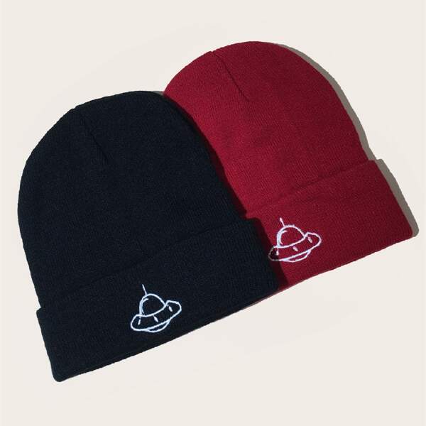 

2pcs Men Embroidery Knit Beanie, Multicolor