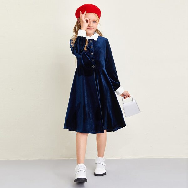 

Girls Contrast Collar Button Detail Velvet Dress, Navy blue