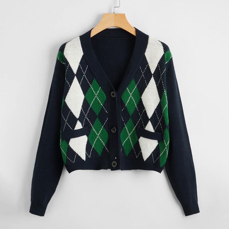 

Argyle Pattern Button Front Cardigan, Multicolor