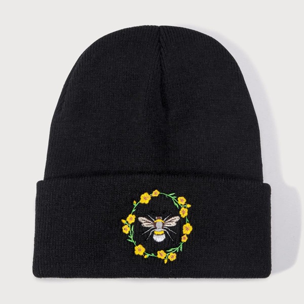 

Flower Embroidery Beanie, Black