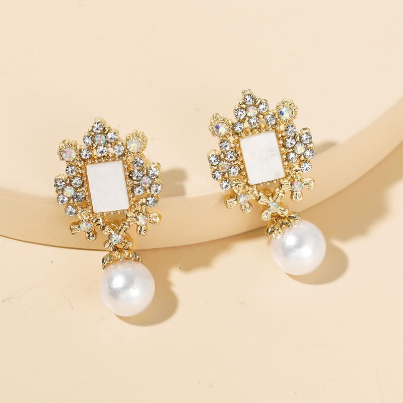 

Faux Pearl & Rhinestone Decor Earrings, Gold