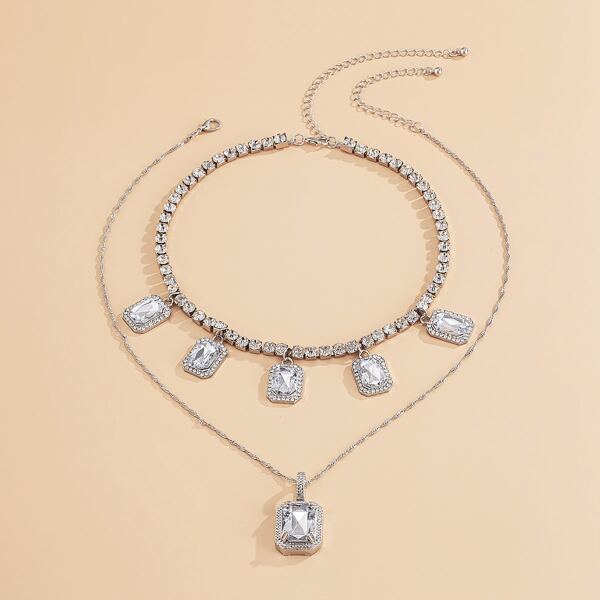 

2pcs Gemstone Pendant Necklace, Silver