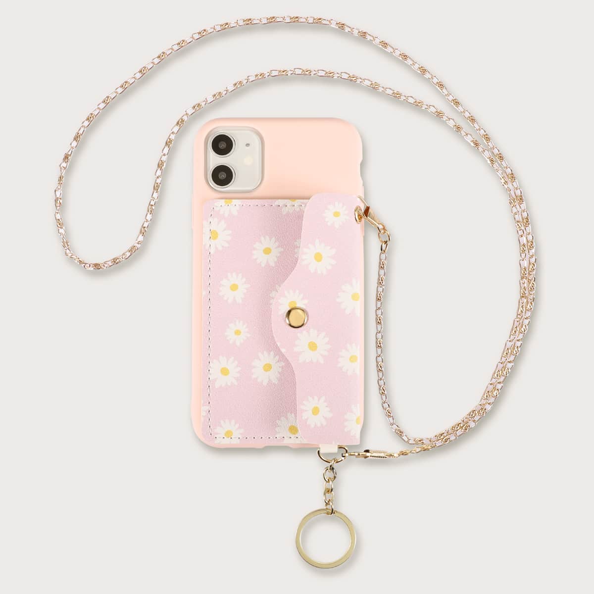 

1pc Chain Detail Flower Print Wallet iPhone Case, Pink