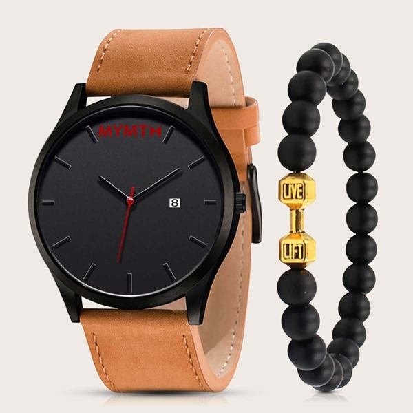 

1pc Men Simple Round Pointer Quartz Watch & 1pc Beaded Bracelet