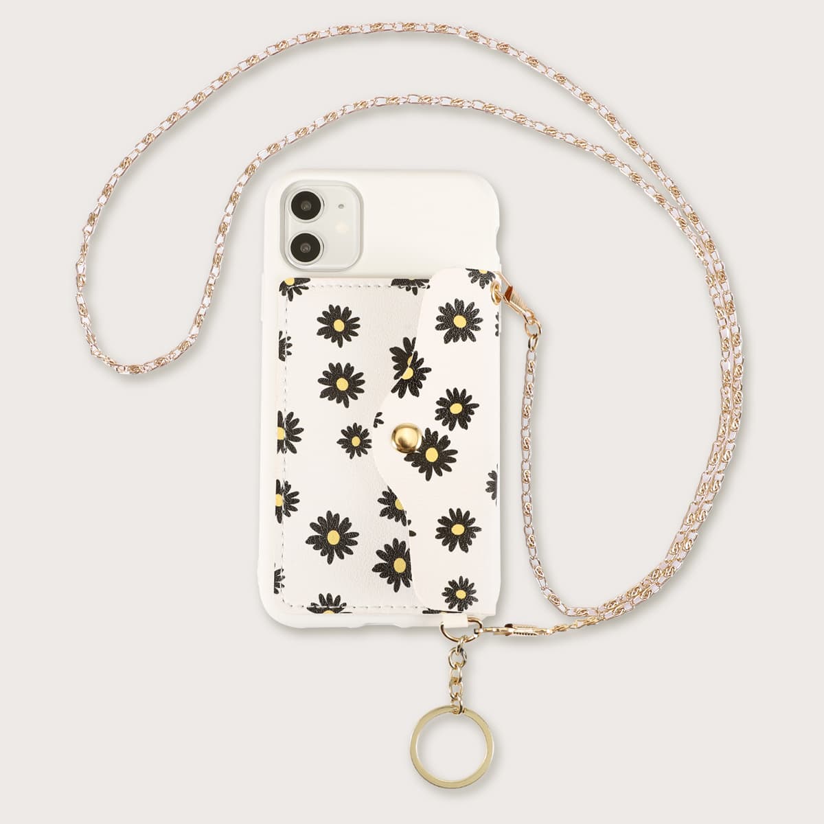 

1pc Chain Detail Flower Print Wallet iPhone Case, White
