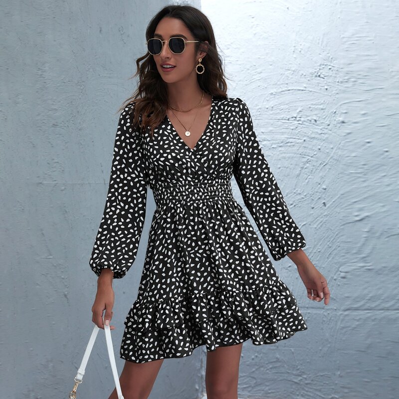 

Allover Print Surplice Front Layered Hem Dress, Black