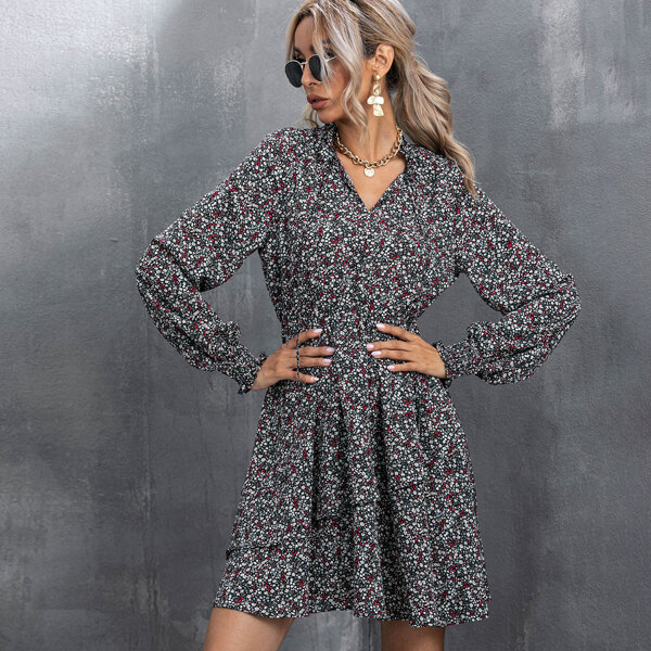 

Ditsy Floral Print Notched Neck Shirred Cuff Dress, Multicolor