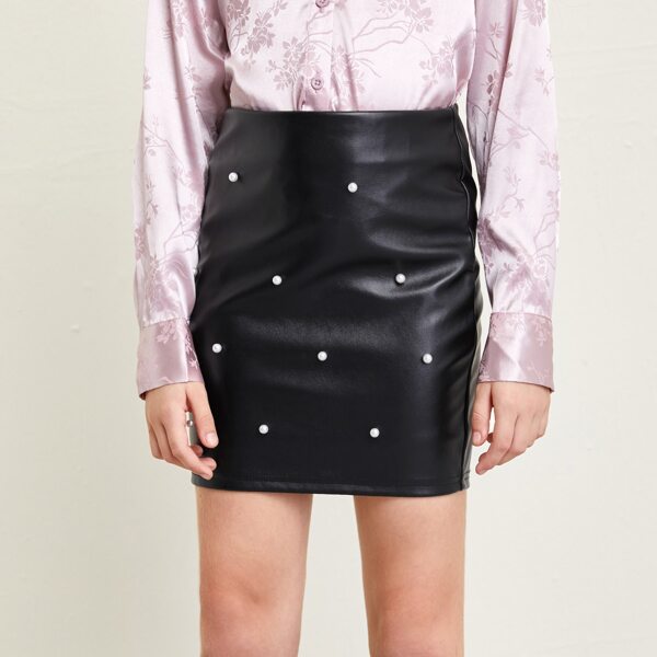 

Girls Pearl Detail PU Leather Skirt, Black