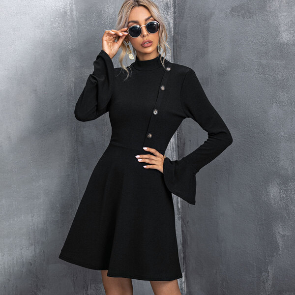 

Stand Collar Flounce Sleeve Dress, Black