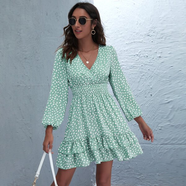 

Allover Print Surplice Front Layered Hem Dress, Mint green