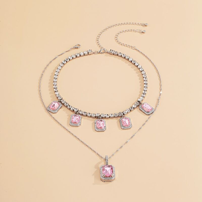 

2pcs Gemstone Pendant Necklace, Pink