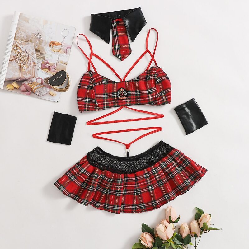 

5pack Contrast Mesh Tartan Uniform Costume Set, Red