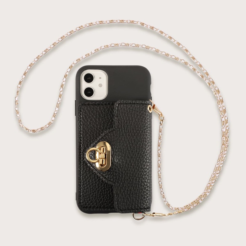 

1pc Chain Detail Wallet iPhone Case, Black