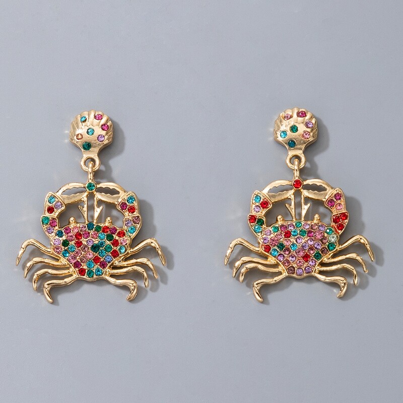 Rhinestone Crab Drop Earrings, Gold