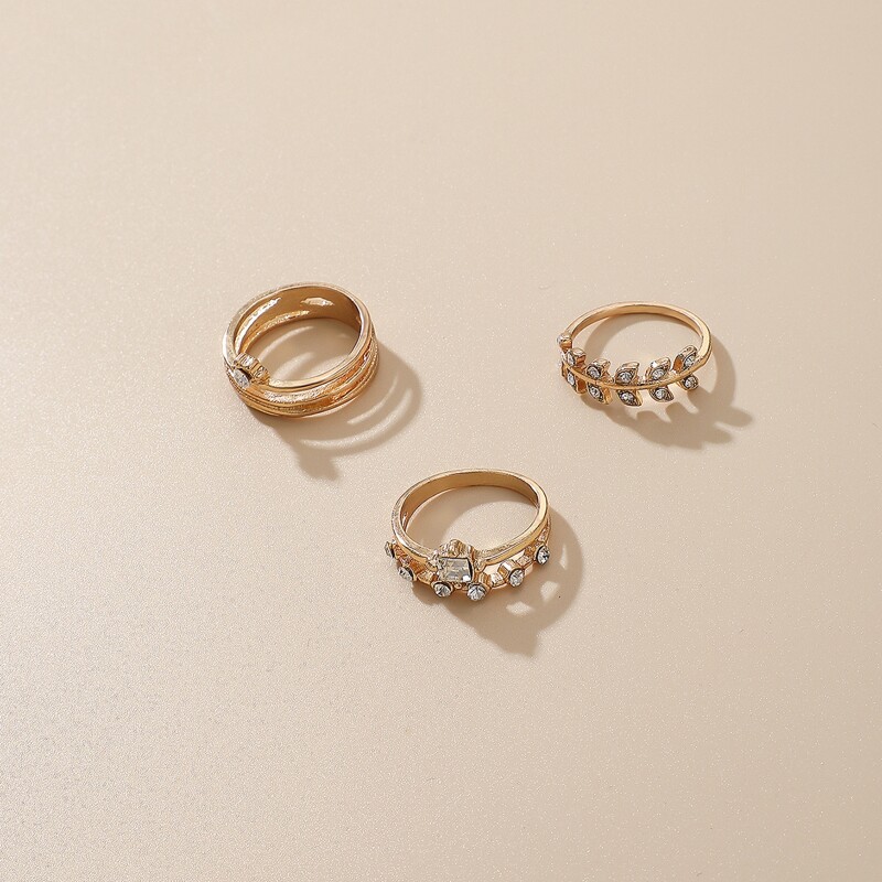 

3pcs Rhinestone Leaf Ring, Gold