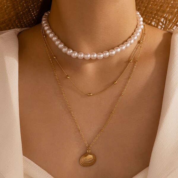 

Faux Pearl Decor Shell Pendant Necklace, Multicolor