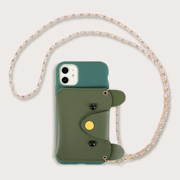 

1pc Chain Detail Wallet iPhone Case, Green
