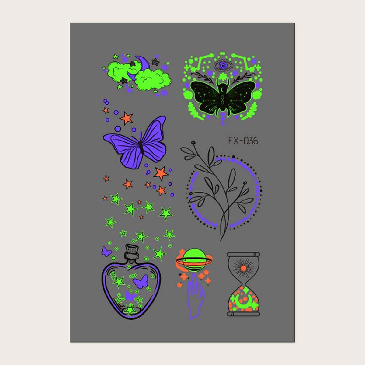 

1sheet Luminous Butterfly Pattern Tattoo Sticker, Multicolor