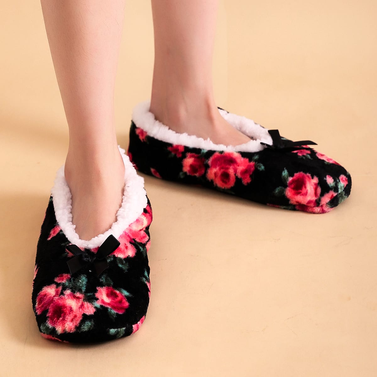 Image of Bow Decor Floral Decor Fluffy Slippers