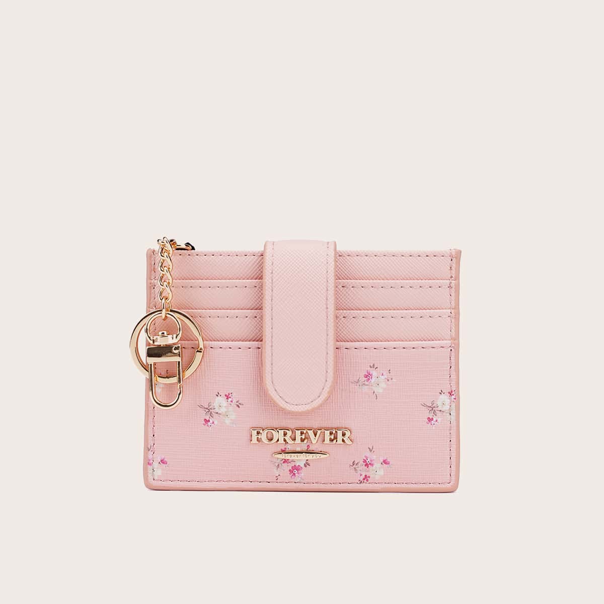

Floral Graphic Snap Button Card Holder, Pink