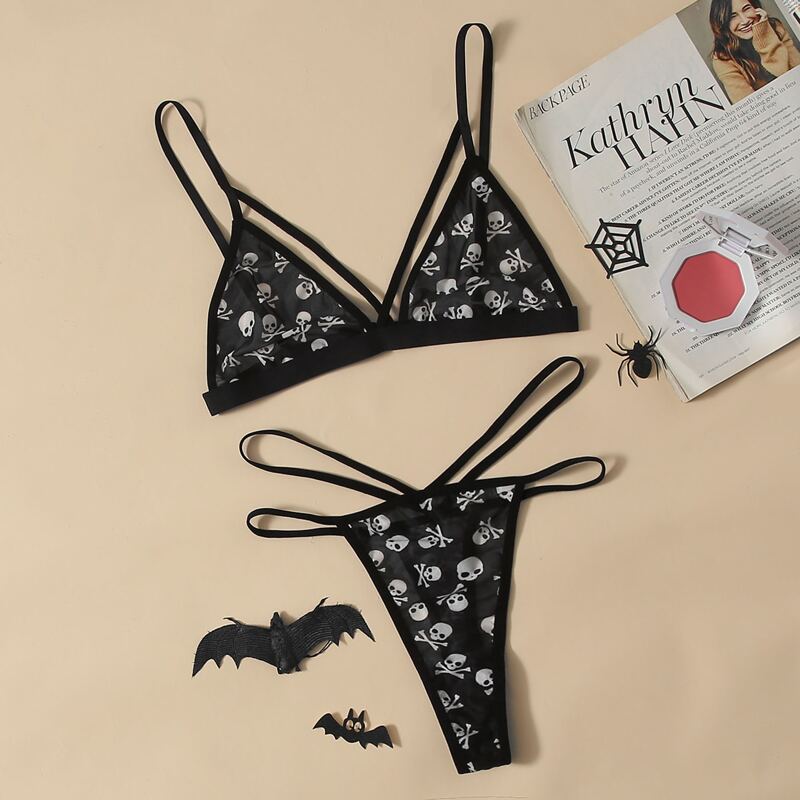 

Skull Print Harness Lingerie Set, Black