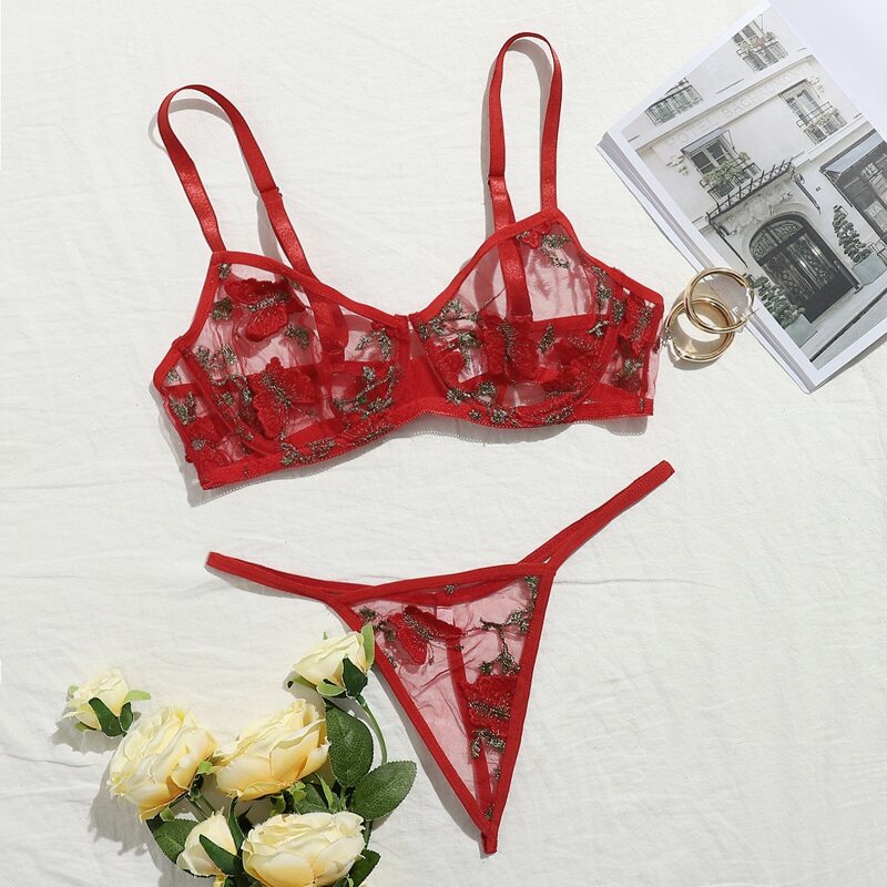 

Butterfly Embroidery Underwire Mesh Lingerie Set, Red