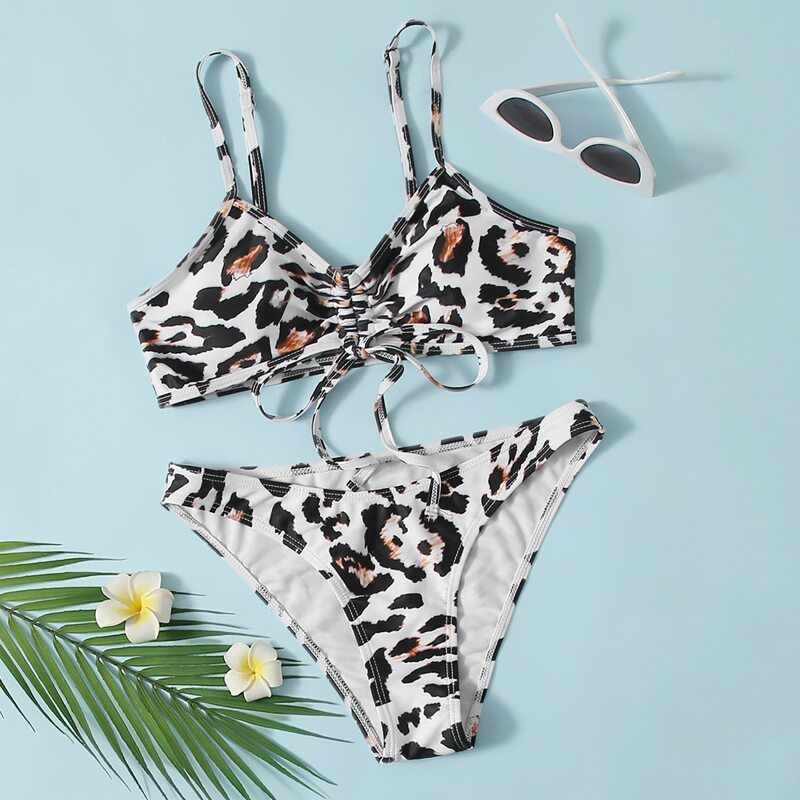 

Leopard Drawstring Front Bikini Swimsuit, Multicolor