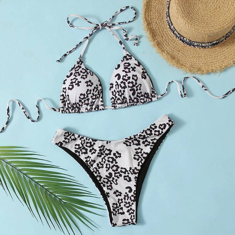 

Leopard Triangle High Leg Bikini Swimsuit, Black and white