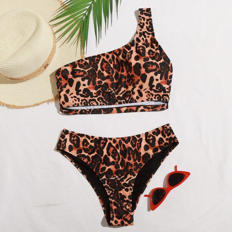 

Leopard One Shoulder Bikini Swimsuit, Rust brown