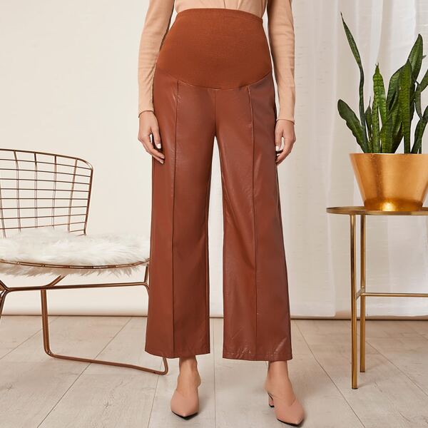 

Maternity Wide Waistband Seam Front PU Pants, Rust brown