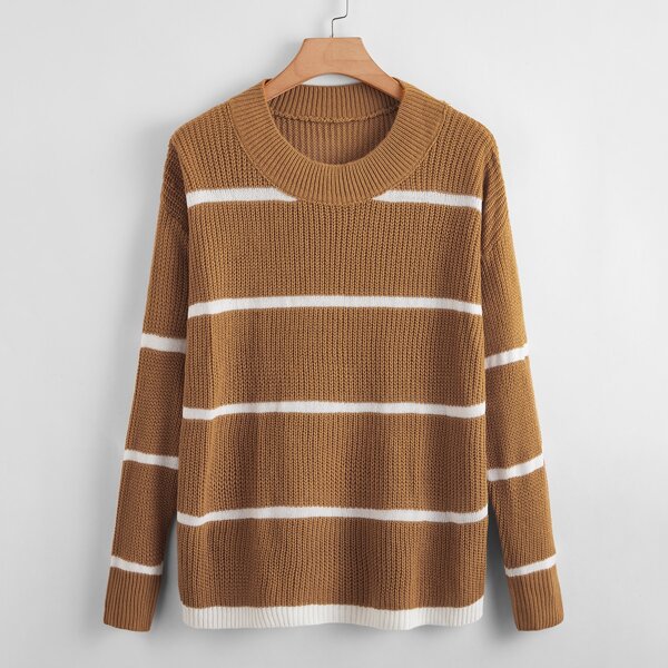 

Plus Drop Shoulder Striped Sweater, Coffee brown