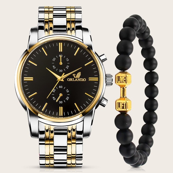 

1pc Men Simple Round Pointer Quartz Watch & 1pc Beaded Bracelet