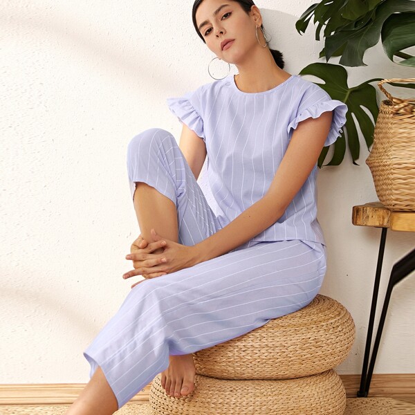 

Ruffle Trim Stripe PJ Set, Blue