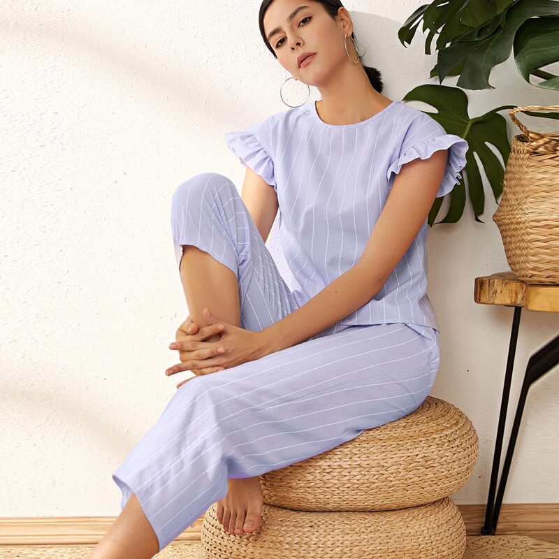 

Ruffle Trim Stripe PJ Set, Blue