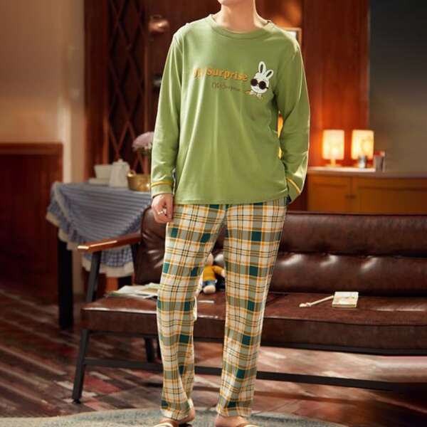 

Men Slogan And Tartan Print PJ Set, Multicolor