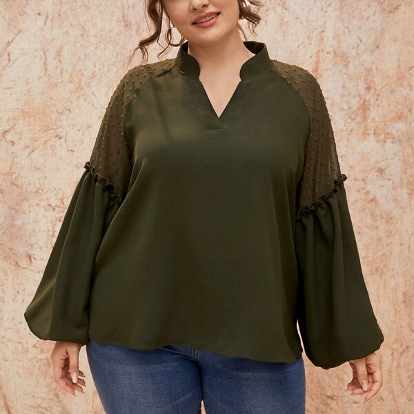 

Plus Notch Neck Swiss Dot Panel Blouse, Army green