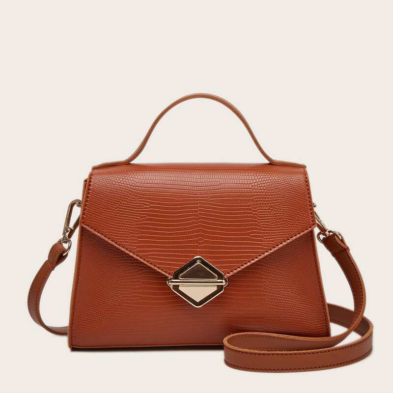 

Lizard Print Push Lock Satchel Bag, Brown