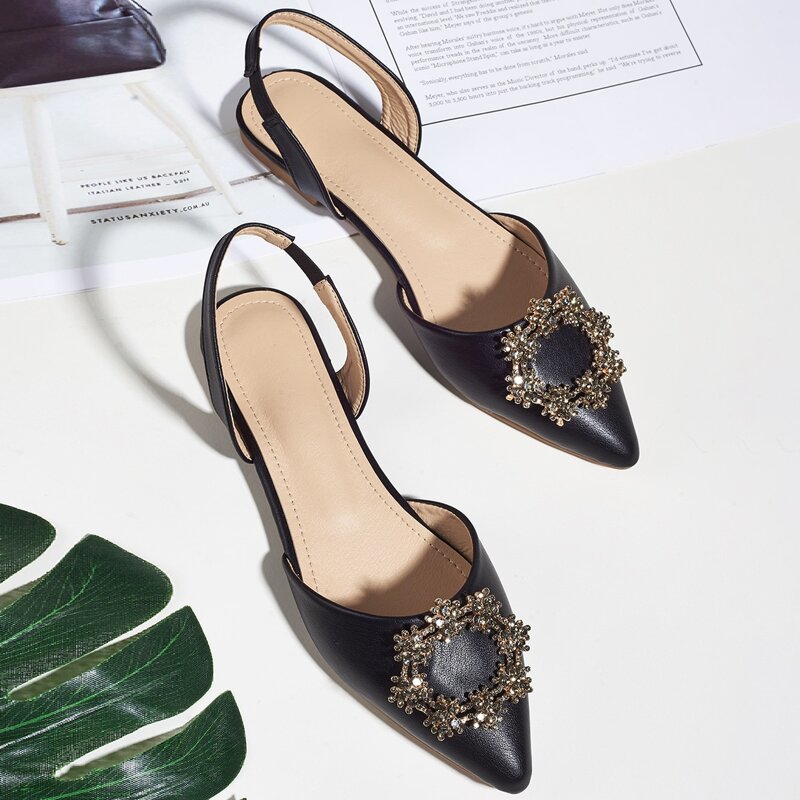 

Rhinestone Decor Slingback Flats, Black