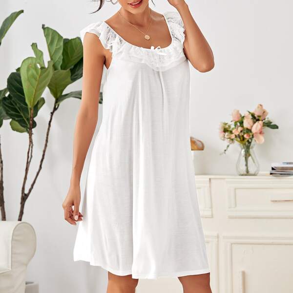 

Contrast Lace Ruffle Trim Night Dress, White