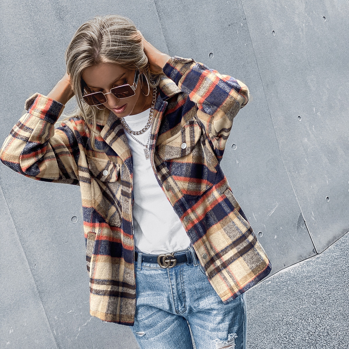 Image of Flap Pocket Plaid Overcoat