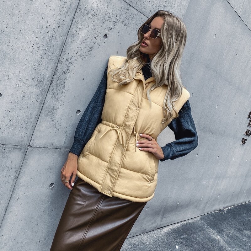 

Drawstring Waist Solid Puffer Vest, Khaki
