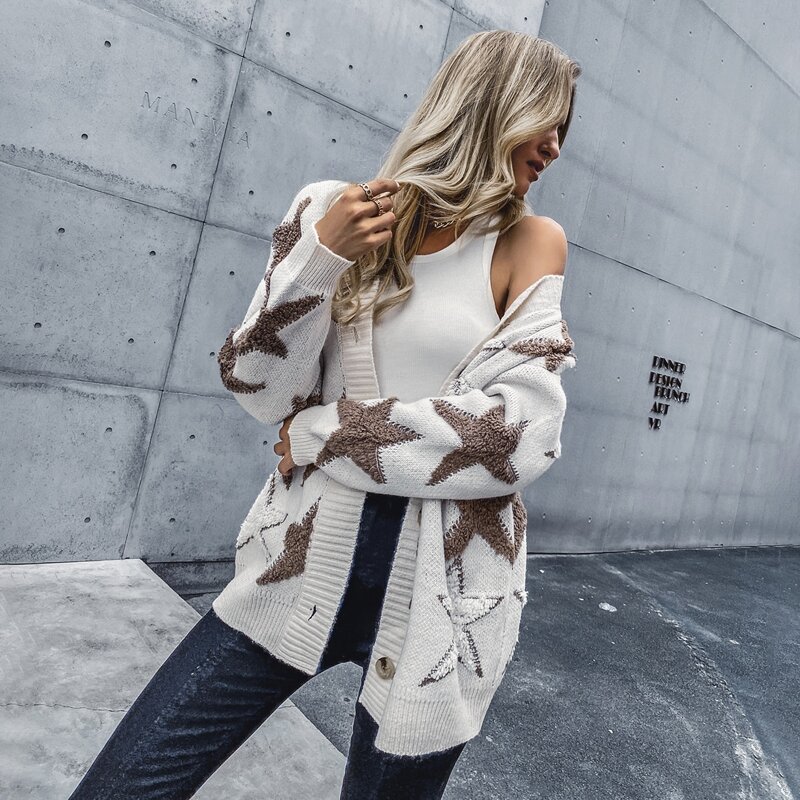 

Star Print Button Front Cardigan, White