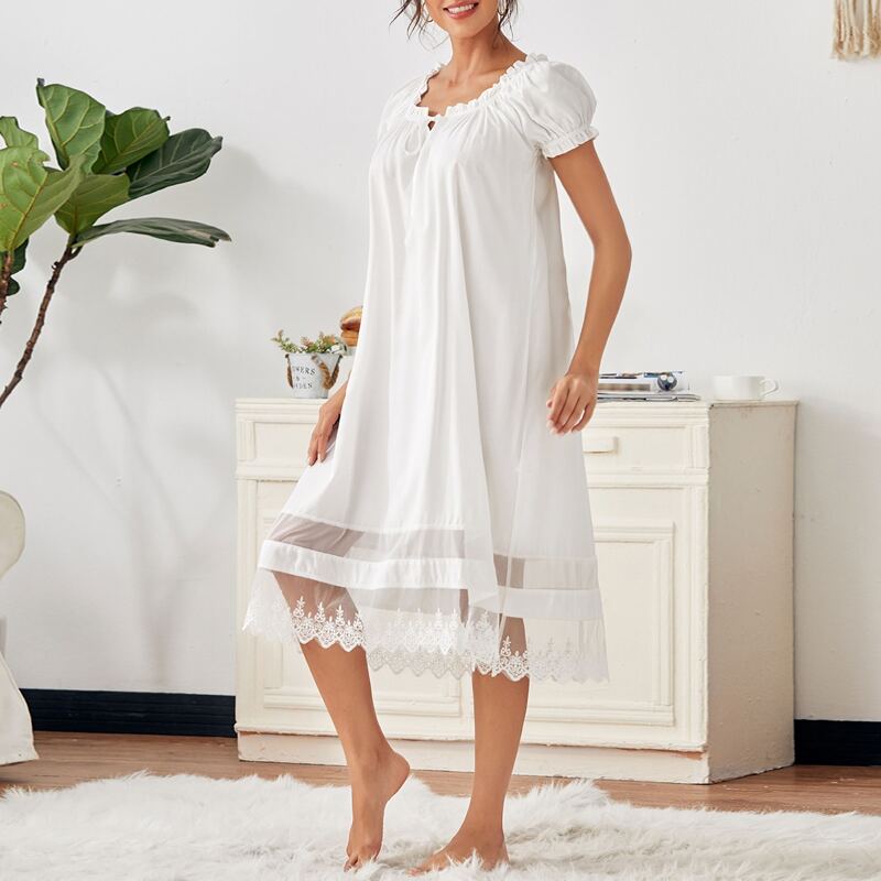 

Contrast Lace Frill Trim Tie Neck Night Dress, White