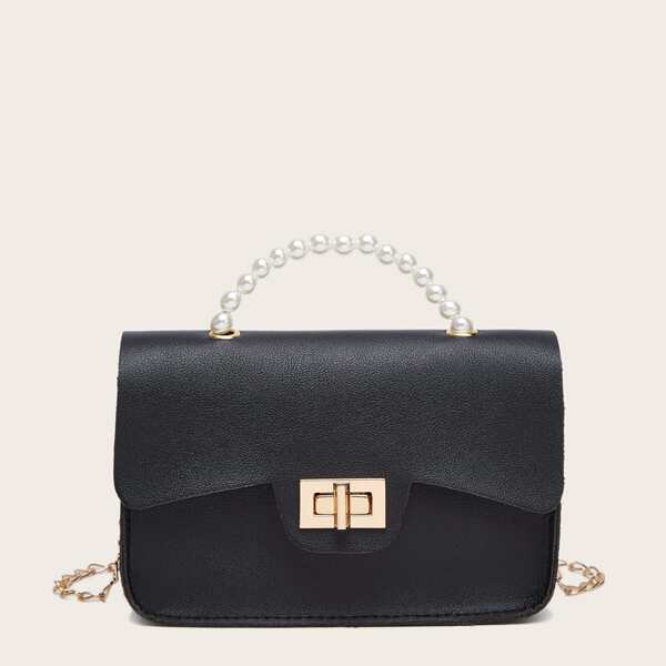 

Twist Lock Faux Pearl Beaded Satchel Bag, Black