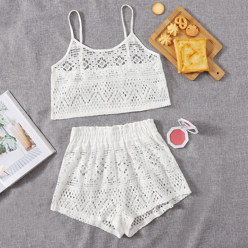 

Lace Sheer Solid Cami Night Set, White