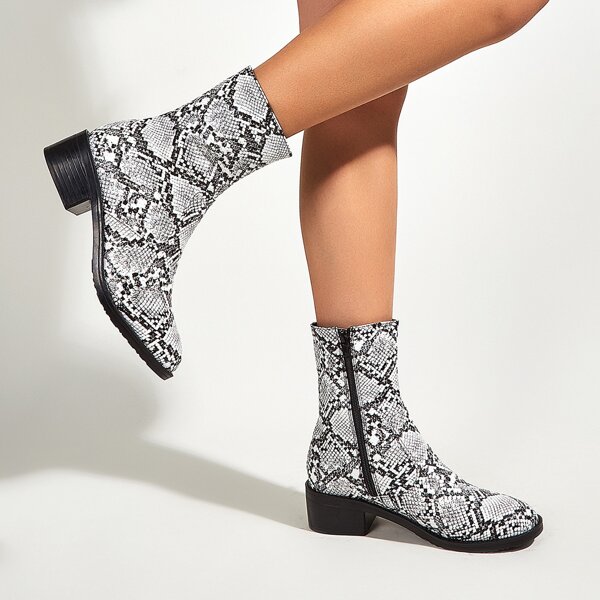 

Snakeskin Side Zipper Chunky Heeled Boots, Black and white